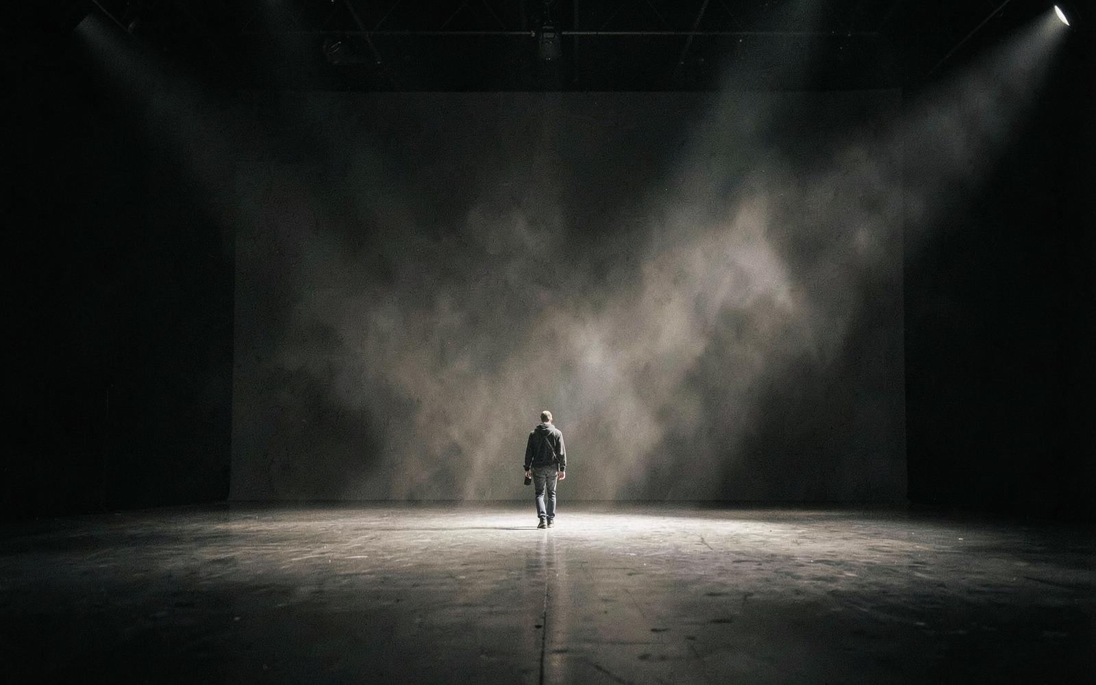 A lone figure crosses a vast empty soundstage lit by two beams through dust