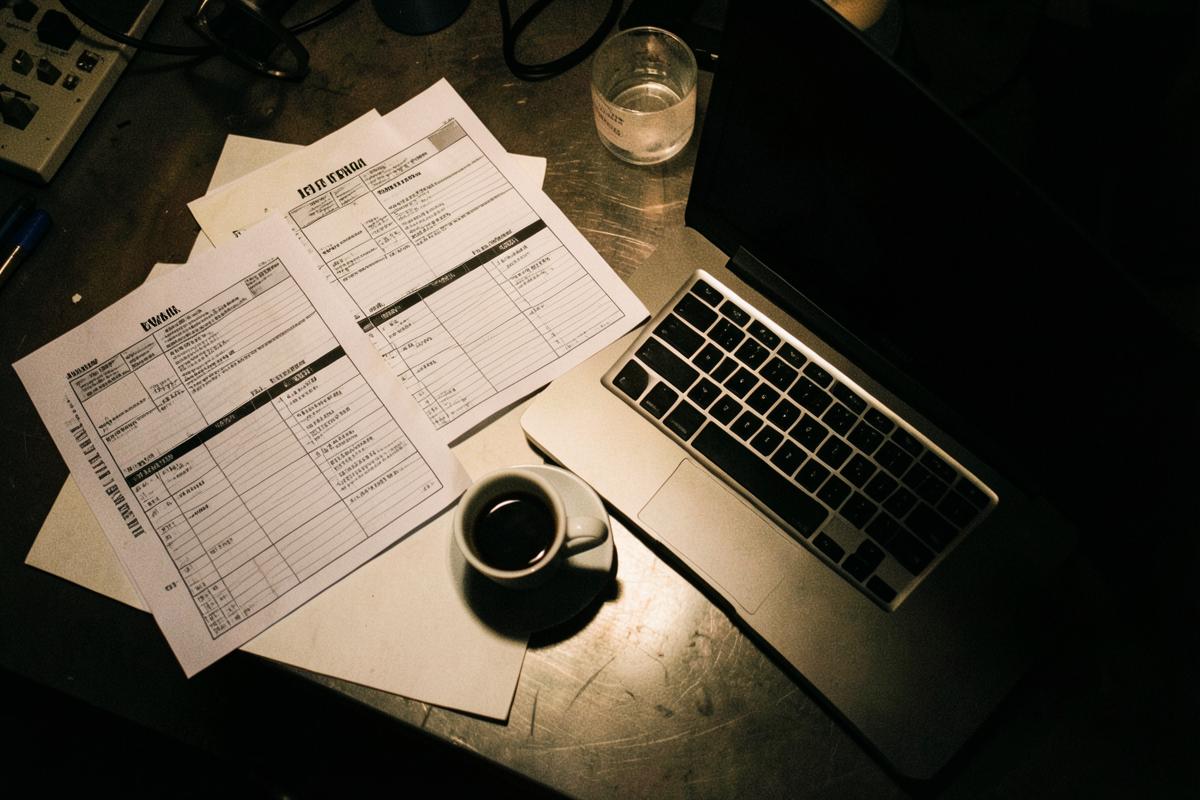 Call sheets, schedules and a laptop on a production office table in low light