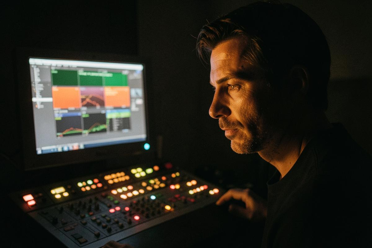 Colourist at a grading panel in a darkened suite, lit by monitor glow
