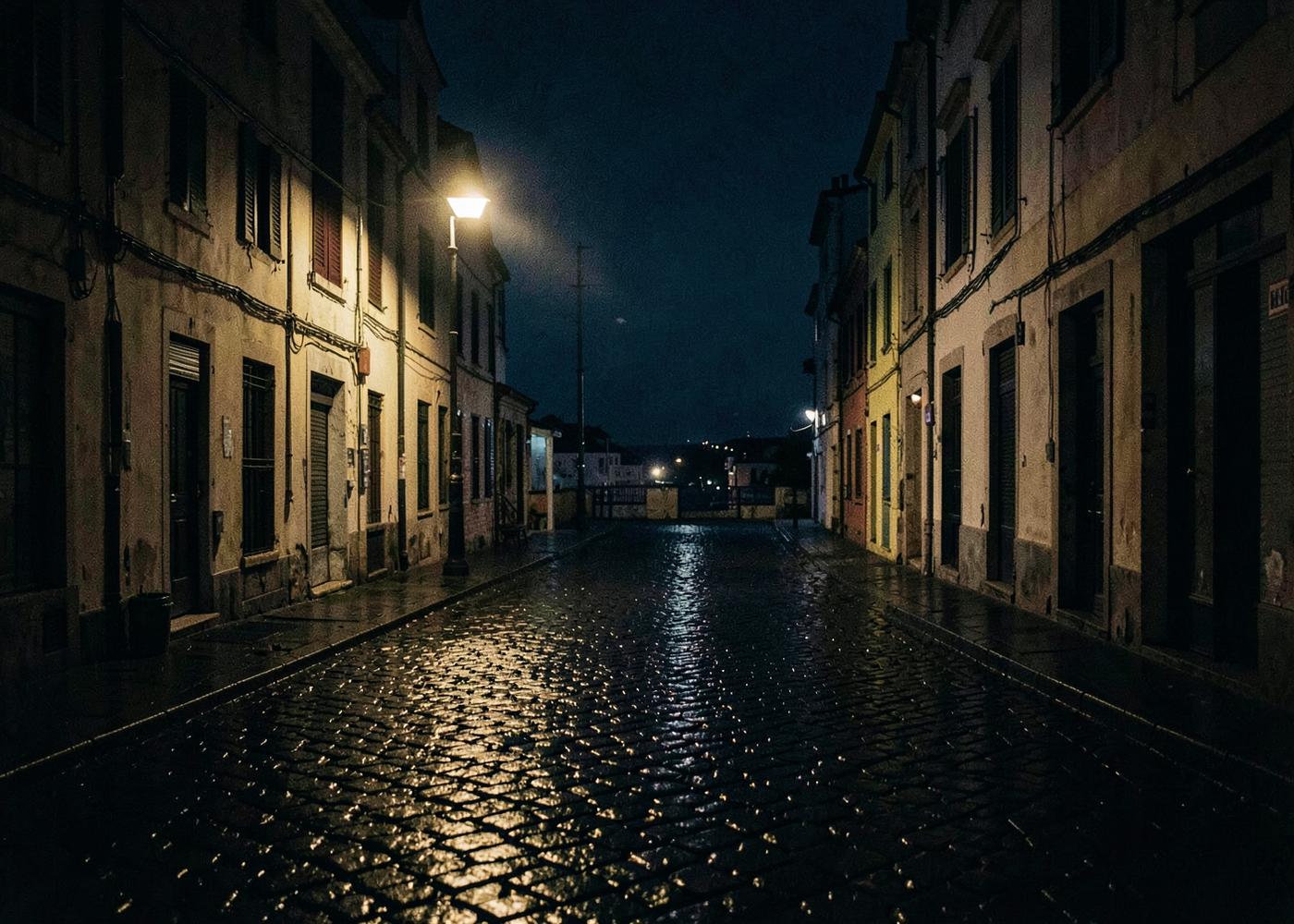 Empty wet cobbled street at night lit by a single street lamp