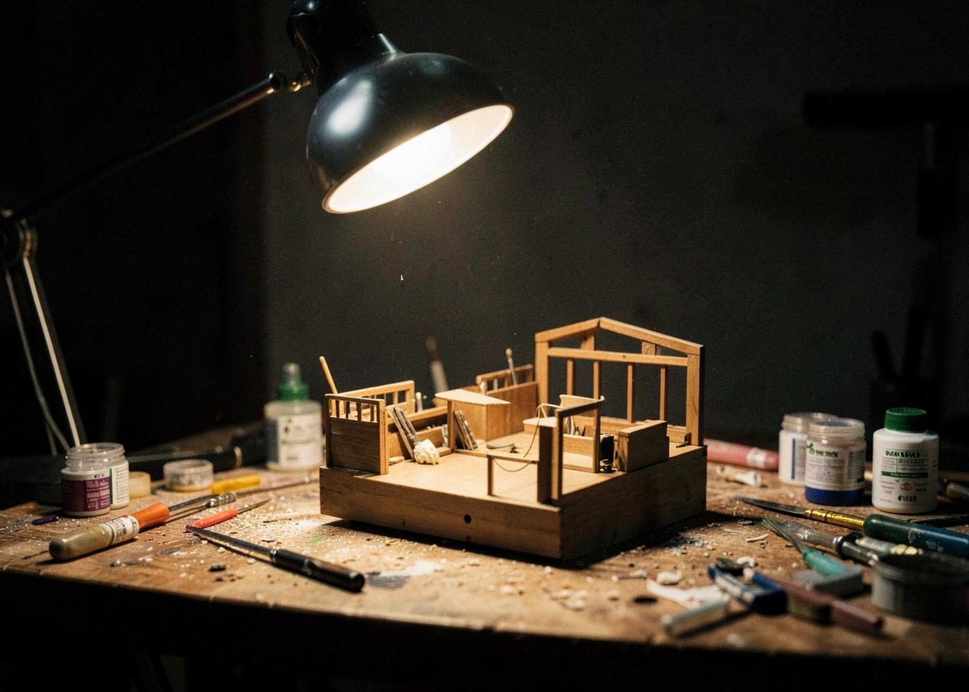 Miniature set model on a workbench beneath an angled lamp in a dark workshop