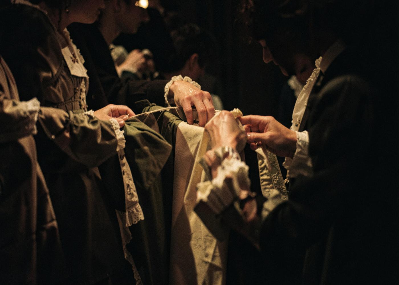 Hands adjusting period costume in a dimly lit theatre wardrobe department