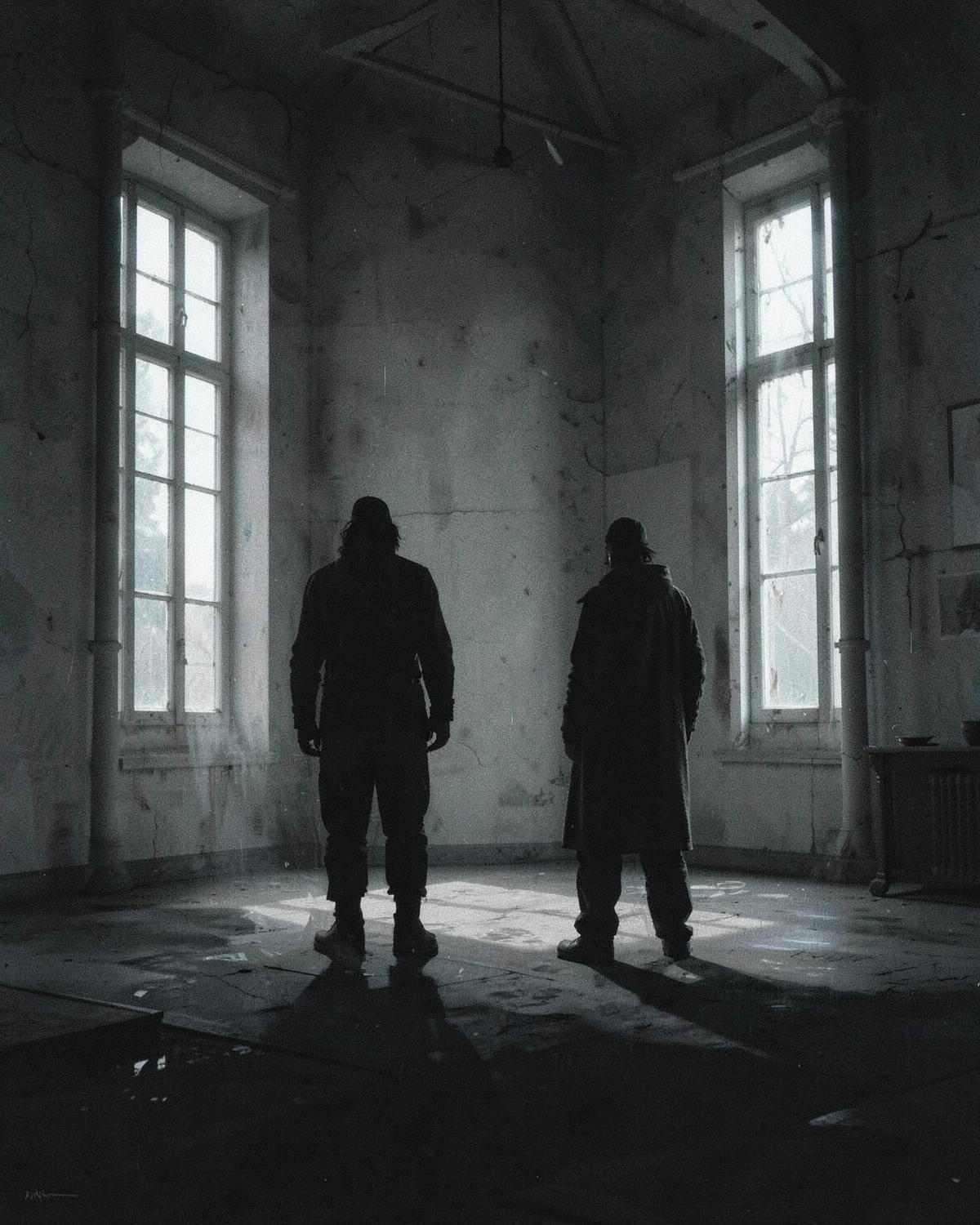 Two figures standing apart in a bare period interior with tall windows